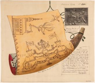 Powder Horn: Lawrence Schoolcroft (FW-200), with Carving Unfurled, and a Vignette of a Bas-Relief on the Battle Monument at Oriskany, New York; verso: sketch of the same Powder Horn