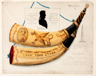 Powder Horn: General John Stark (R-1), Two Sides Depicted, with a Vignette Silhouette of General John Stark, and a View of the Battle Monument, Bennington, Vermont