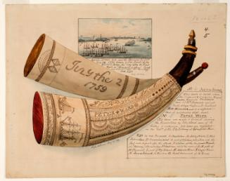 Two Powder Horns: The "July the 2" and The Peter Ward (R-4, 5), with a Vignette Scene of the British Fleet in Charleston Harbor, South Carolina, in 1776