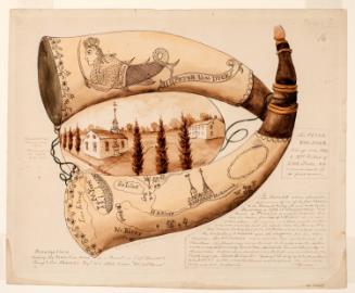 Powder Horn: Peter Van Dyck (R-16), Two Sides Depicted, with a Vignette Scene of Caughnawaga Church, Mohawk Valley, New York
