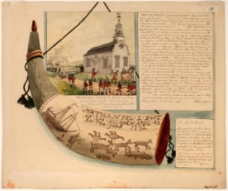 Powder Horn: Nathaniel L. Rost (R-19) with a Vignette Scene of British Soldiers and Native Americans Burning Buildings, Mohawk Valley, New York