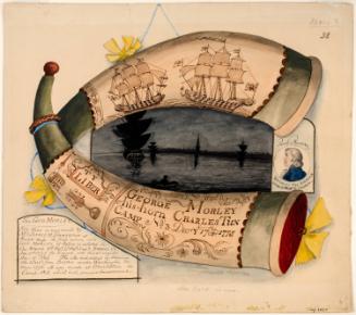Powder Horn: George Morley (R-38), Two Sides Depicted, with Vignettes of a Portrait of Paul Revere and a Scene of the British Fleet in Boston Harbor at Night