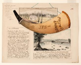 Powder Horn: J. F. Starin and Family (R-56), with Vignette Scenes of the Dutch Reformed Church at Caughnawaga, now Fonda, New York, and the Mohawk River at Fonda, New York