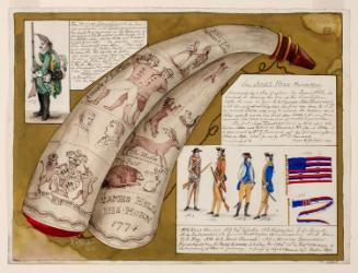 Powder Horn: James Hill (R-83), Two Sides Depicted, with Vignette Studies of Revolutionary Uniforms, Flags, and Pennants
