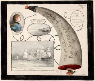 Powder Horn: Paul Jones (R-84), with Vignettes of the Residence of Boatswain Allen, New Castle, New Hampshire, a Scene of the Engagement Between the "Serapis" and the "Bon Homme Richard, 1779, and a Portrait of Commander John Paul Jones
