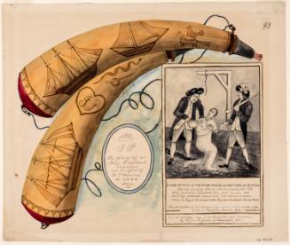 Powder Horn: The J. P. (R-93), Two Sides Depicted, with a Vignette Scene of Taring and Feathering the British Customs Officer in Boston, 1774, after a print