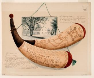 Powder Horn: The Chatfield (R-96), Two Sides Depicted, with a Vignette View of the Jane McCrea House, Fort Edward, New York