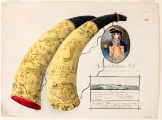 Powder Horn: James MacCullar (R-101), with a Vignette Portrait of Israel Putnam with Facsimilie Signature, and a View of Roxbury, Massachusetts, in 1775