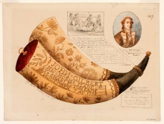 Powder Horn: John Gilbert (R-107), Two Sides Depicted, with Vignettes of a Portrait of Lord Howe and a Scene of British Forcing Tea on Colonists, after a 1776 print