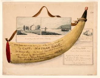 Powder Horn: Captain Nathan Hale (R-110), with Vignettes of Nathan Hale's Birthplace, Coventry Connecticut, his School in New London, and a Scene of his Capture on Long Island, New York