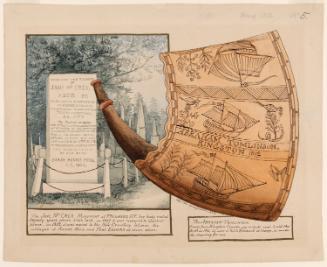 Powder Horn: Abraham Tomlinson (1812-5), with Carving Unfurled, and a Vignette View of the Jane McCrea Monument at Fort Edward, New York