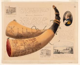 Powder Horn: In Honor of General Lafayette (FW-36) with Vignettes of a Portrait of the Marquis De Lafayette, His Tomb, a Tavern in Worcester, Massachusetts, and a View of Yorktown, Virginia