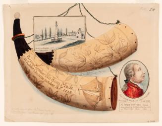 Powder Horn: Parson Marther (FW-54), Two Sides Depicted, with Vignettes of a Portrait of General James Wolfe and Wolfe's Monument on the Heights of Abraham, near Louisburg(Louisbourg), Canada