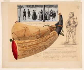 Powder Horn: Thomas Watherbee (FW-77), Two Sides Depicted, with Vignettes of a Scene of Pilgrims Going to Church and a sketch of a Frontiersman