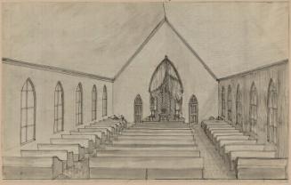 Interior of the Prospect Hill Dutch Reformed Church, New York City,  in 1867; verso; another view of interior