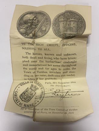 Verdun Medal Certificate