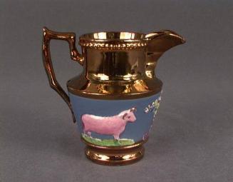 Pitcher: copper lustre w/ blue border and pink ox