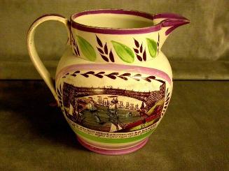 Pitcher: pink lustre w/"Iron Bridge at Sunderland"