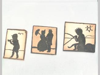 Three miniature painted silhouettes: "Man Playing a Horn, Couple with Parasol, Seated Child with Sun"