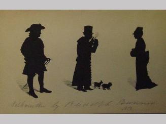 Man with a Sword, Man Smoking with a Dog and Cat, Woman with a Bustle, Muff, and Bonnet