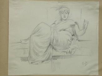 Sketch of a seated woman, hand raised