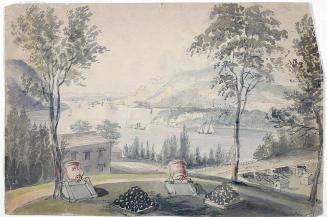 The Hudson from West Point: The Grounds of the U.S. Military Academy [New York]: Study for the Lithograph; verso: sketches of brass mortars and monument with chain fence and figures