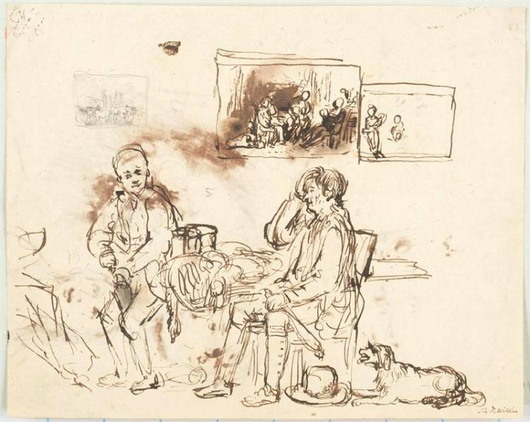 Genre Scene: Two Seated Men with a Pair of Bird Carcasses and a Dog in an Interior; Three Vignettes; and a Study of Dentures; verso: studies of four heads, a hand, and figures including a woman writing watched by a man wearing a hat and spectacles