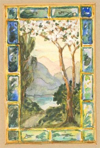 Design for a Window in a Private Mausoleum (Flowering Tree in Landscape with Water and Mountains)