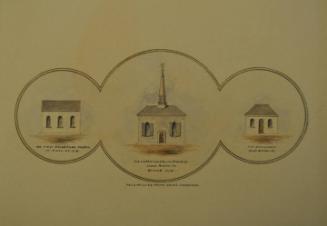 Vignettes in Three Connected Circles: First Presbyterian Church on Wall Street in 1718; Lutheran Church on Broadway, Burned in 1776; Synagogue on South William Street, New York City
