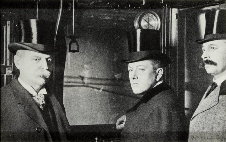 Mayor George B. McClellan at the controls of the first subway train, October 27, 1904