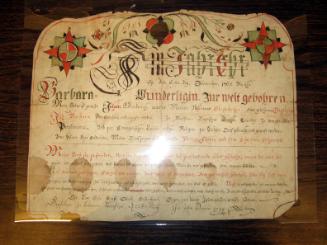 Fraktur: Certificate of the Birth and Baptism of Barbara Wunderlich in Dauphin County, Pennsylvania
