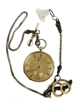 Pocket watch with fob, key, brooch and stamp