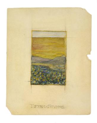 Design for a Window (Landscape with Mountains, Water, and Sunset)