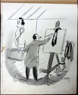 Study for cartoon: Artist painting nude on a necktie
