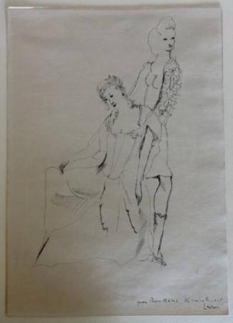 Sketch of two 18th-century (?) women; verso: sketches of female heads and figures