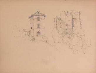 Country Scene with Tower House and Ruined Building; verso: medieval houses