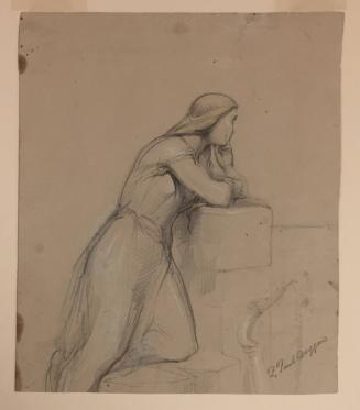 Historical Subject: Figure of a Woman Leaning on a Wall with a Harp; verso: composition study of a veiled woman, three men, and several camels