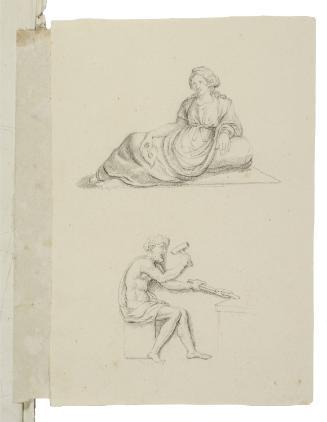 Copies of Two Classical Sculptures: Reclining Etruscan Woman with Oil Lamp or Fan and Vulcan at his Forge