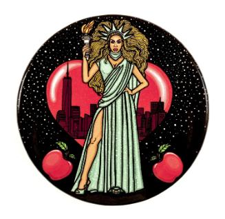 Pin-back button depicting RuPaul