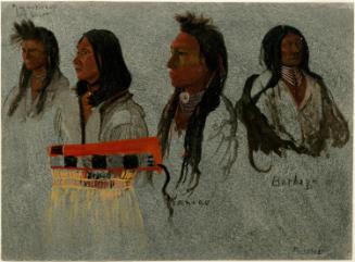 Four Portraits of North American Indians; verso: sketch of brave riding a horse and shooting a bow and arrow