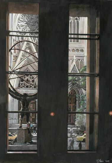 View of St. Patrick's Cathedral from Inside Rockefeller Center: Study for a Set of Painted Doors