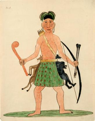 Iroquois Mythological Giant Hunter Holding Weapons, with a Deer and Bear under His Belt