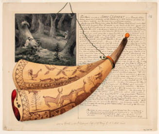 Powder Horn: James Clement (FW-118), Two Sides Depicted, with a Vignette Scene of a Colonist and Indian in Battle