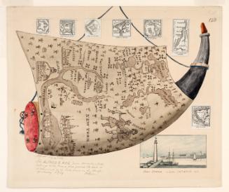 Powder Horn: Alfred S. Roe (FW-123), with Carving Unfurled, a Landscape Vignette of Fort Oswego on Lake Ontario, New York, and Seven Prints of Maps of Colonial New York Forts