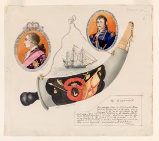 Powder Horn: The H.B.M. Guerriere (1812-1), with Vignette Portraits of Captain Isaac Hull and King George III, and a View of the U.S.S. Constitution