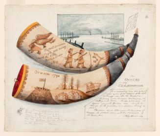 Powder Horn: The Oswego, Dr. T.S. Hitchcock, Owner (1812-4), Two Sides Depicted, with a Vignette View of Lake Ontario at Oswego, New York