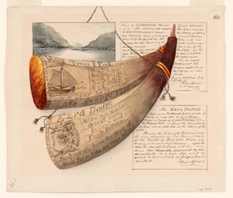 Powder Horn: Ezra Dodge (FW-40), Two Sides Depicted, with a Vignette View of Sabbathday Point on Lake George, New York