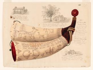 Powder Horn: William Foraith (FW-48), Two Sides Depicted, with Vignettes of the Garrison & Refuge House, The Old Curtis House, and the Residence of General John Stark
