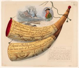 Powder Horn: David Baldwin (FW-52),Two Sides Depicted, with Vignettes of a Portrait of Mohawk Chief 'King Hendrick' and 'The Great Spirit' above a Volcano