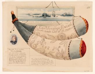 Powder Horn: Captain Jonathan Fowler (FW-55), Two Sides Depicted, with Vignettes of a Portrait of William Pitt and a View of the Harbor at Louisburg (Louisbourg), Canada